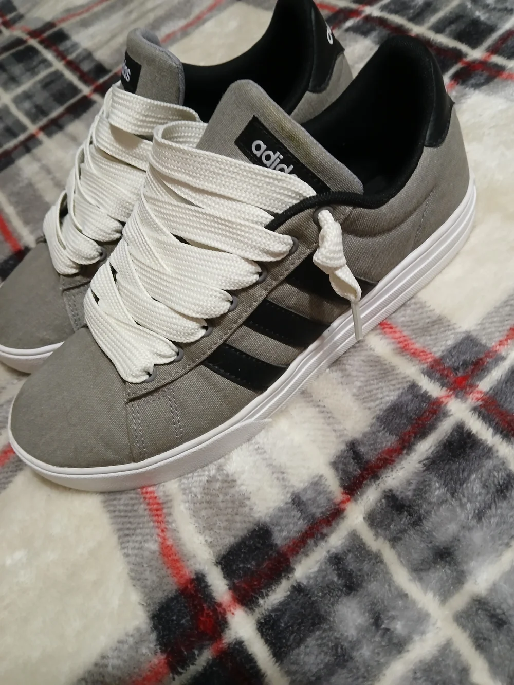 Adidas Daily 2.0, Grey with Black Stripes and Custom Fat White Laces